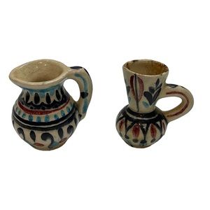 VINTAGE Signed Miniature Hand-painted Pitchers Stoneware Glazed Pottery 1.75”